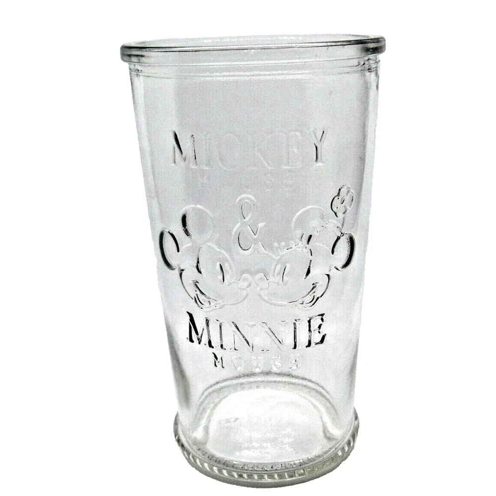 Rare DISNEY Mickey Mouse & Minnie Mouse Clear Drinking Glass 6 in, Marked 1, Vtg